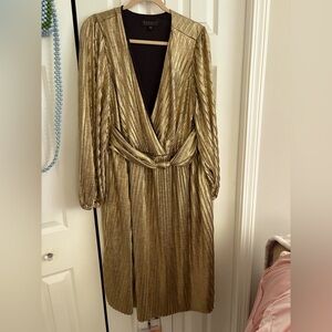 Eloquii Gold Wrap Pleated Gown with Bishop Sleeves